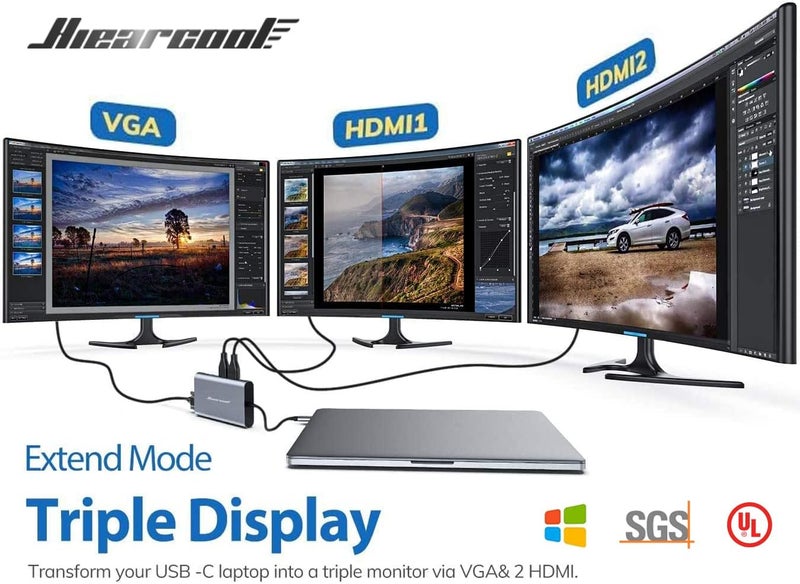 Hiearcool محطة إرساء USB-C للكمبيوتر المحمول، محطة عرض ثلاثية مع HDMI بدقة 4K وVGA بدقة 1080p، محطة USB-C متعددة الوظائف 11 في 1 مع Ethernet، شحن 100 واط للمكتب المنزلي - Image 2